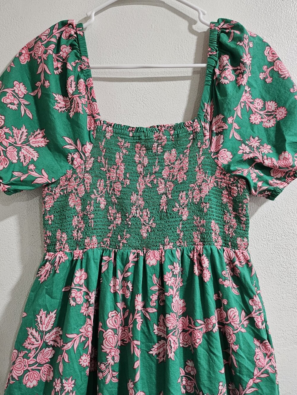 J.Crew Green Pink Floral Smocked Puff Sleeve Cotton Midi Dress Size S - Picture 5 of 10